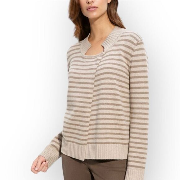 St. John Striped Cardigan Sweater in Dark Alabaster & Light Slate Women’s Small - Picture 1 of 15